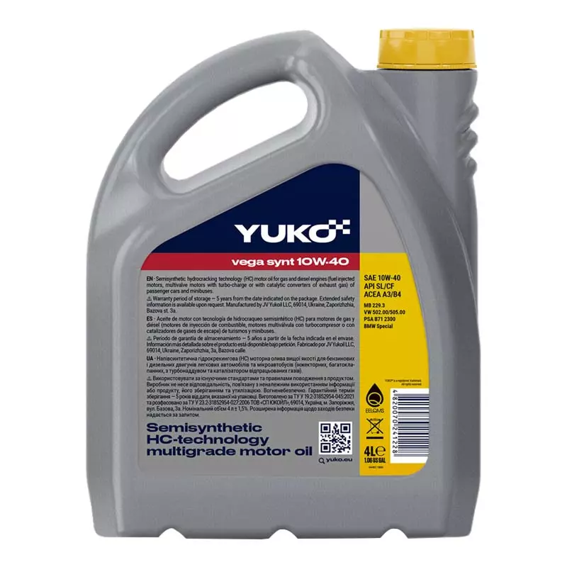 Моторна олива Yuko Vega Synt 10W-40 4л (4820070241228)